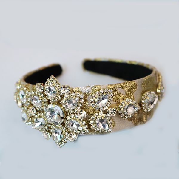 

new star show fashion vintage handmade rhinestone flower crown baroque queen prom wide hairband diadem crystal hair jewelry gift, Golden;white