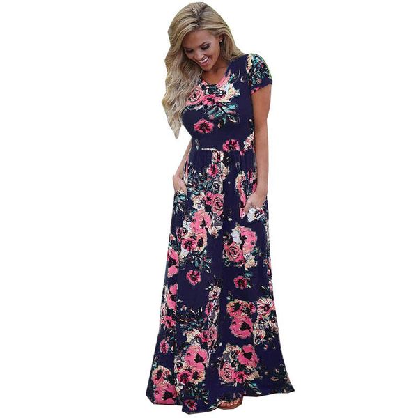 

women bohemia floral print long dress women short sleeve o neck beach boho long dress loose maxi dress vestido plus size breathable, Black;gray