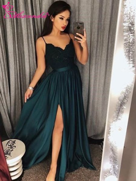 

alexzendra dark green a line prom dresses customize 2019 side slit spaghetti straps sweetheart elegant party dresses plus size, White;black