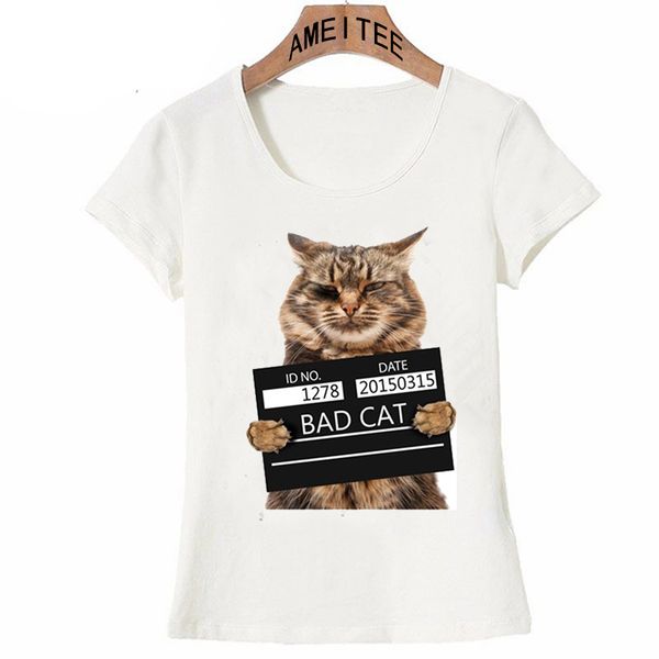 

Ameitee Brand New Fashion Super Cute Cool Punk T-shirt Top Tee Bad Cat In The Police PrisonPolyester Funny Design Women T-Shirt