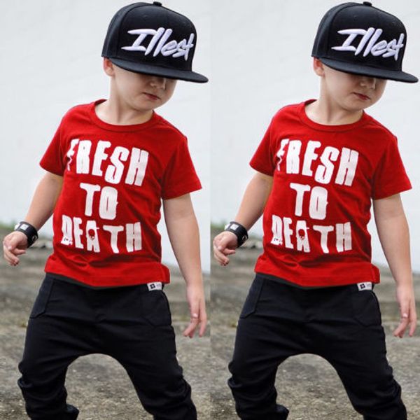 

2018 summer new kids boys 2pcs baby clothes red short sleeve t shirt+black long pants child boy cotton outfits set suit, White