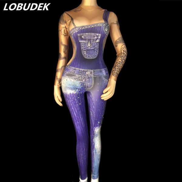 

fashion printed crystals jean jumpsuit elastic denim jumpsuits bar nightclub women singer stage costume party show dance outfit, Black;white