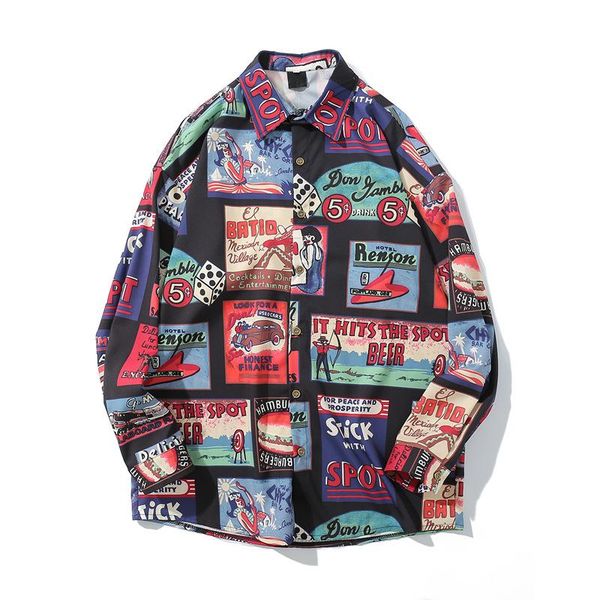 

мужская новая летняя тонкая секция мода печати рубашка с длинными рукавами тенденция мужская свободная дикая повседневная рубашка, White;black