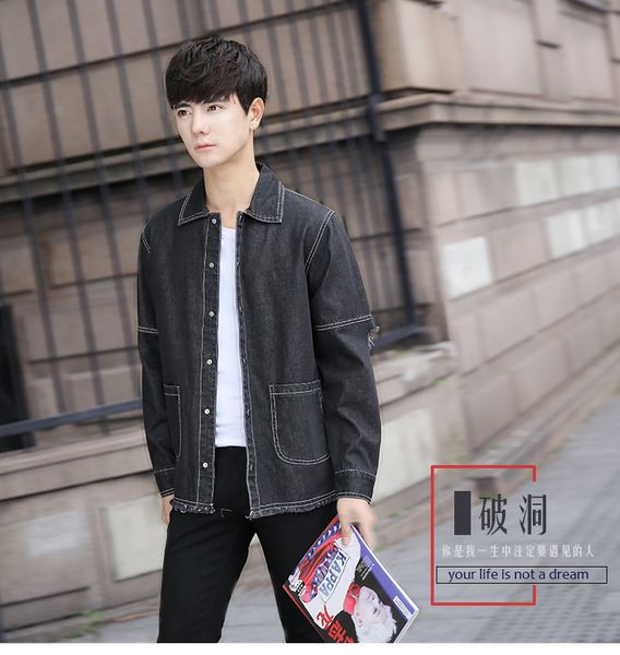 

2019 hong kong style spring new korean version ofv the loose lapel denim jacket hole hole harajuku style men's jacket, Black;brown