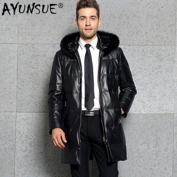 

ayunsue men's genuine leather jacket winter long 100% real sheepskin coat for men hooded leather down jackets 2019 3376 kj2996, Black