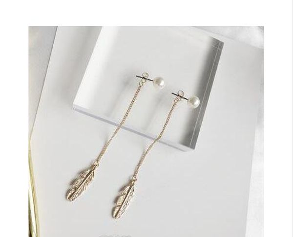 

simulated pearls long tassel dangle earrings for women leaf feather drop brincos bijoux boucle d'oreille jewelry earring, Silver