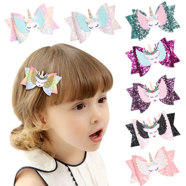 

kids elk unicorn hair clips baby girls pu leather glitter barrette children hair bow accessories bright pink glit hairpins fashion clips, Slivery;white