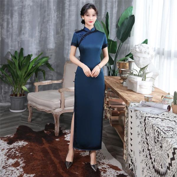 

vintage buttons classic women qipao mandarin collar chinese dress cheongsam satin high split rayon maxi party prom gown, Red