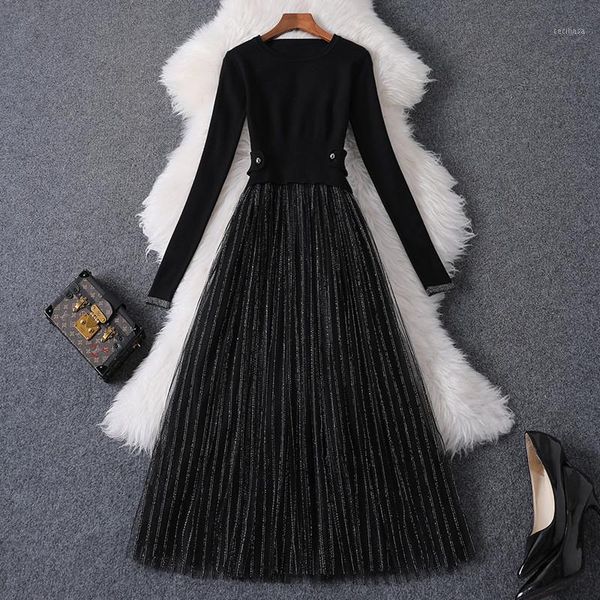 

runway designers woman clothes long sleeve knit sweater patchwork tulle mid calf party dress 2019 new fashion fall winter dress1, Black;gray