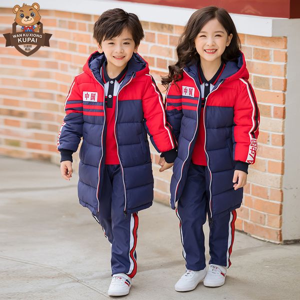 

2019 play cool bear chinese-style kindergarten suit winter x-long cotton coat young student's school uniform thick single coat, Blue;gray