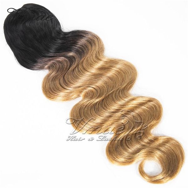

brazilian 1b/27 two tone strawberry blonde ombre color 120g long body wave clip drawstring human hair weave ponytails extensions, Black