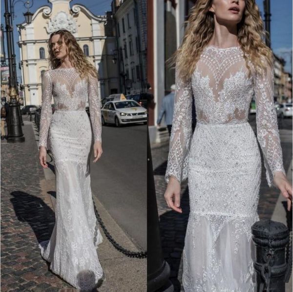 

лиан рокман 2019 свадебные платья бато шеи богемия кружева русалка свадебные платья boho с длинным рукавом развертки поезд пляж онлайн сваде, White