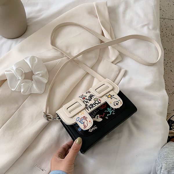 

2020 women graffiti shoulder bag pu leather ladies messenger bag square crossbody female flap satchel handbag mini