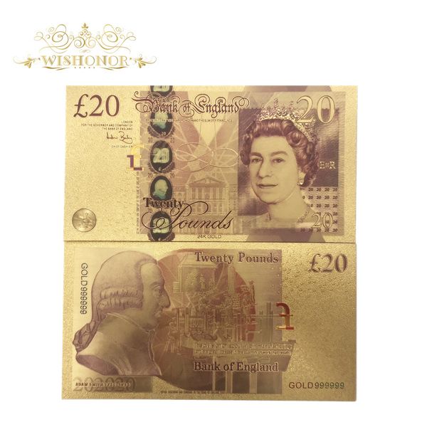 

10pcs / серия цветастого uk золото банкнота 20 фунты банкноты в 24k gold поддельные бумажные деньги для подарков коллекции