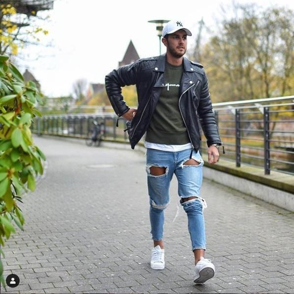 

mens autumn biker pencil pants holes ripped designer long trousers pantalones spring fall jeans, Blue