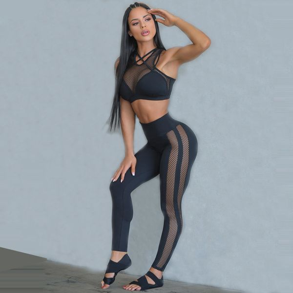 

european and american mesh yoga suit women's tight breathable sports bra hollow sleeveless high waist pure yoga fitness suit