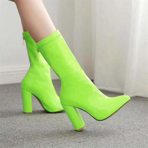 

women's boots pointed toe yarn elastic ankle boots zip thick heel high heels shoes woman female socks, Black