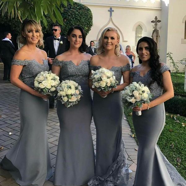 

2019 grey mermaid bridesmaid dress long maid of honor dress floor length off-shoulder wedding party dress with lace, White;pink