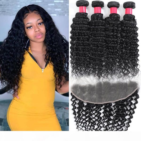 

9a brazilian virgin hair 3bundles with lace frontal closure 13x4 ear to ear deep curly wave human hair extensions bundles with frontal, Black;brown