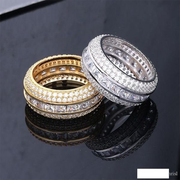 

hip hop iced out square zircon five rows diamond gold silver plated men's hollow ring full cz finger ring