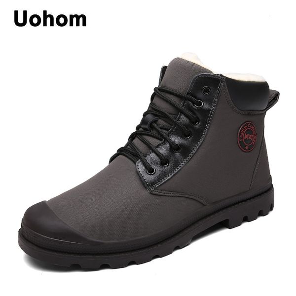 

uohom winter men warm fur snow boots waterproof lace-up ankle boots flat slip-resistant fashion plush man shoes plus size 45, Black