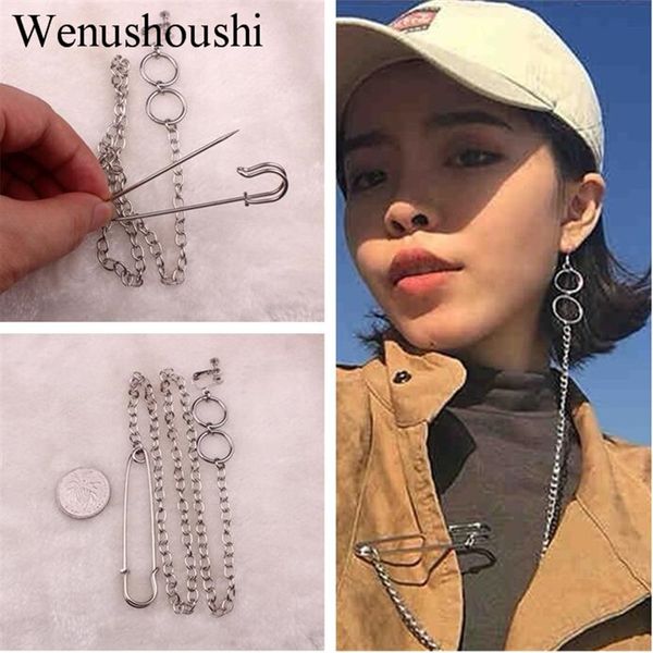 

without piercing man hip hop chic punk pin 50cm chains round circles clip on earrings women cool statement clip earrings di155, Silver