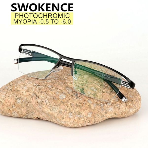 

swokence half frame pchromic myopia glasses men women nearsighted eyewear prescription spectacles sph -0.5 to -5.5 -6.0 f015, White;black