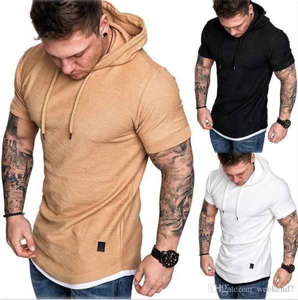 

2200# 10 цвет m-3xl мужские slim fit рубашки с коротким рукавом с капюшоном мышцы топы толстовка повседневная базовая футболка, White;black
