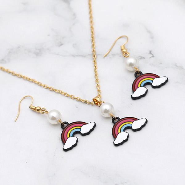 

2021 new fashion necklace rainbow jewelry sets imitation pearl 2pc/set women earrings necklace for girlfriend gift, Silver