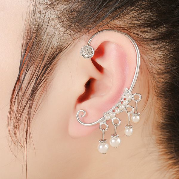 

2019 new women imitation pearl ear cuff earring bohemian long tassel clip earring fashion wedding party jewelry 3e1230, Silver