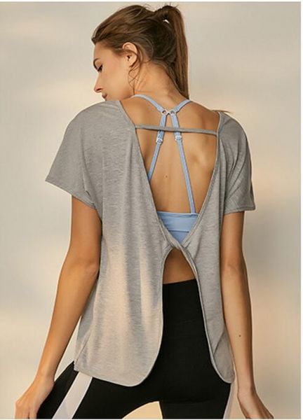 

dressing2020 женщины йога спорт рубашка с коротким рукавом открытая спина йога тренировки топ свободный покрой фитнес бег футболка спортивна