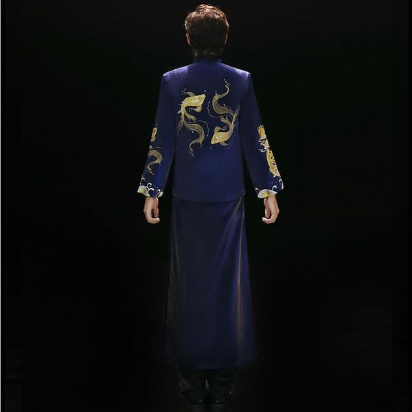 Xiuhe тостов Robe Древнего Китая Groom одежда TV Movie свадебного платья синего вышивка жених вечер тан костюм костюм