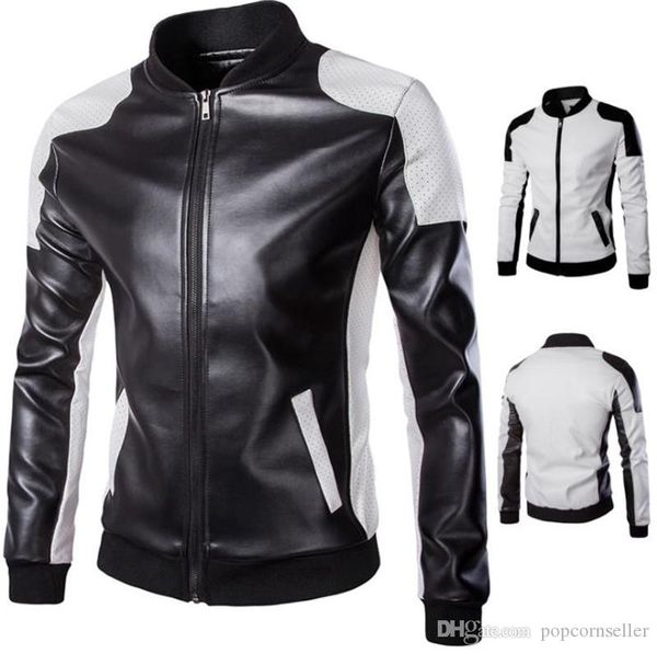 

mens designer leather jackets plus size panelled stand collar zipper fly outwear fashion mens motorcycle jacket, Black