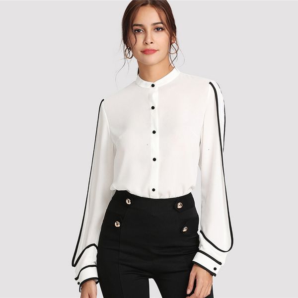 

blouse women white elegant stand collar long sleeve button black striped blouse autumn women workwear shirt drop shipping