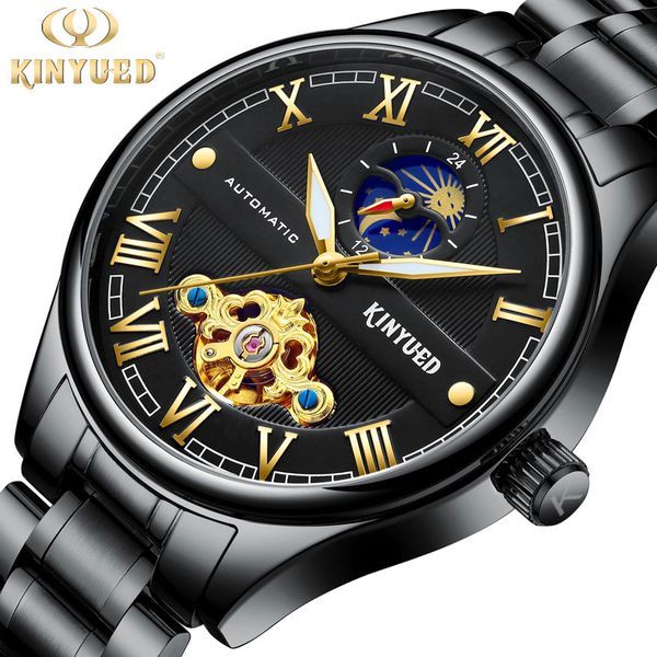 

kinyued moon phase steel watch men's automatic mechanical watch male waterproof clock roman numeral scale man watches, Slivery;brown