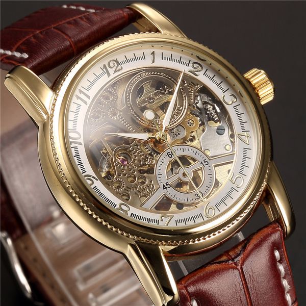

men wrist watches luxury golden skeleton mechanical steampunk male clock automatic wristwatch leather strap herren horloges j190706, Slivery;brown