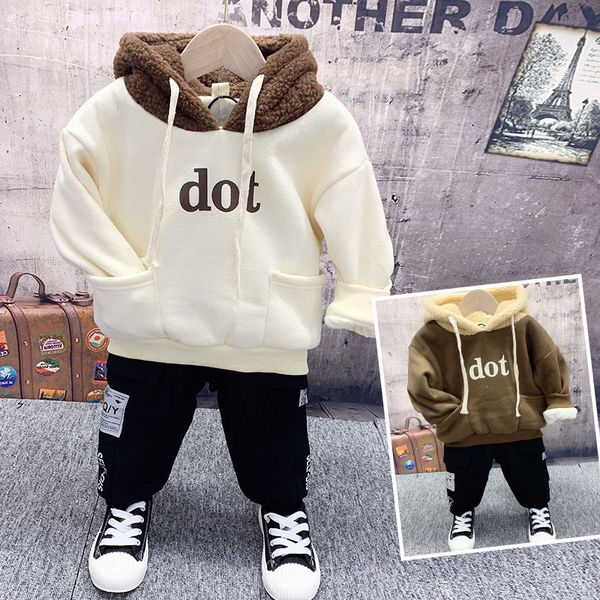 

toddler boys clothing sets autumn winter thicken lambswool hooded sweatshirt casual pants kids tracksuit children suits 2-6 y, White