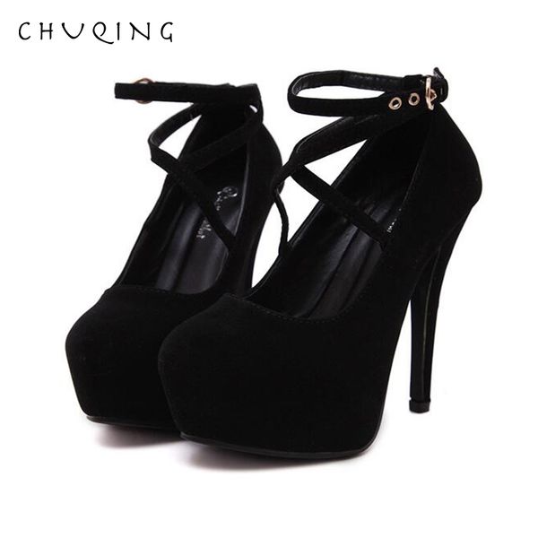 

chuqing 2019 new korean version of the round head cross buckle super high heel, Black