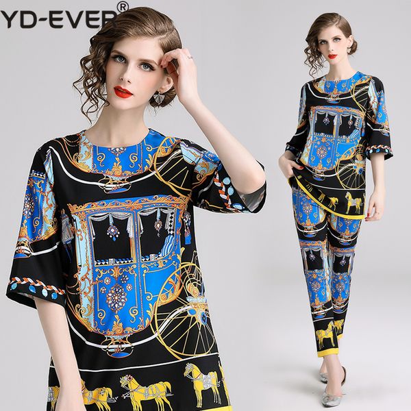 

runway designer 2 pieces set suit 2019 summer women vintage horse print pullover shirts + ankle-length pencil pants sets, White
