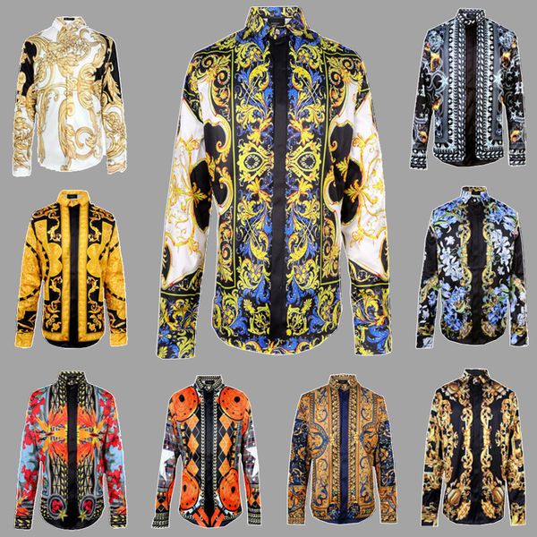 

Silk Shirt men Wave Of Men Floral Print Colour Mixture Casual Harajuku Shirts Long-sleeved Patchwork Men's Medusa Shirts