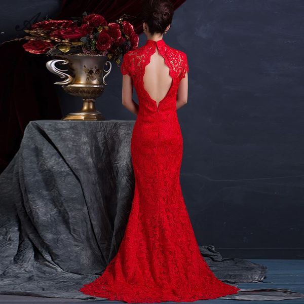 

red lace backless cheongsam long bride trail marry dress chinese evening gown woman wedding qipao modern party dresses robe