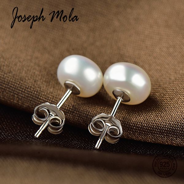 

joseph mola 100% 925 sterling silver 7 8mm white beige freshwater pearl stud earrings for women party birthday gift fine jewelry, Golden;silver