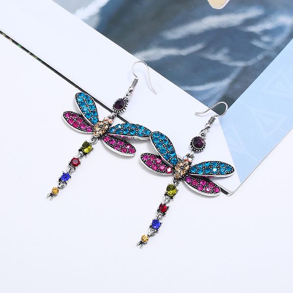 

2019 vintage women's gorgeous colors dragonfly insect tassel drop earrings crystal rhinestone dangle statement earrings jewelry, Silver