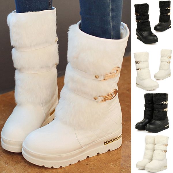 

winter snow boots women wedges large size mid-calf boots metal keep warm woman shoes thicken bottoms botas mujer chaussures #30, Black