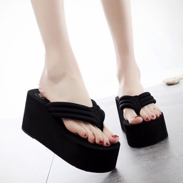 

my-love 8cm women bowknot pearl beach flip flops summer high thick bottom flowers slip sandals bling style female fashion slides, Black