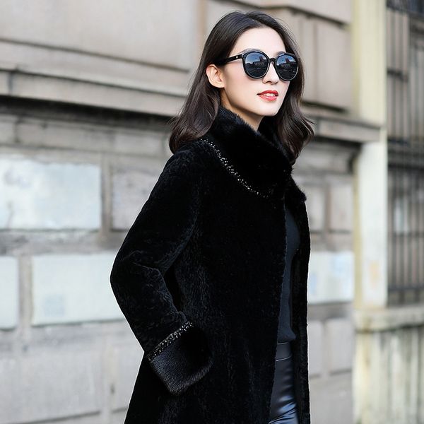 

2020 new real fur coat women winter sheep shearling jacket women collar long luxury fur coats and jackets zm-18721, Black