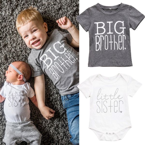 

toddler kids boys baby girls gray t-shirt big brother t-shirt little sister cotton bodysuit short sleeve letter summer, Blue
