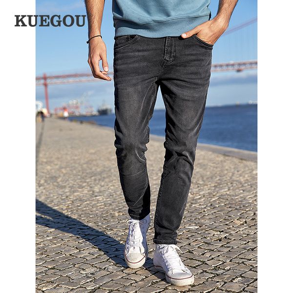 

kuegou cotton spring autumn men's jeans black wash the old vintage jeans slim fashion men pants size kk-2975, Blue