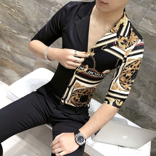 

summer shirt men patchwork fashion printing shirts men half sleeve slim fit streetwear camisa masculina designer shirt, White;black