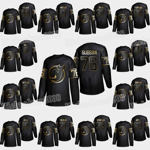 

new jersey devils golden jack hughes nico hischier p.k.subban kyle palmieri taylor hall cory schneider severson gusev martin brodeur jersey, Black;red